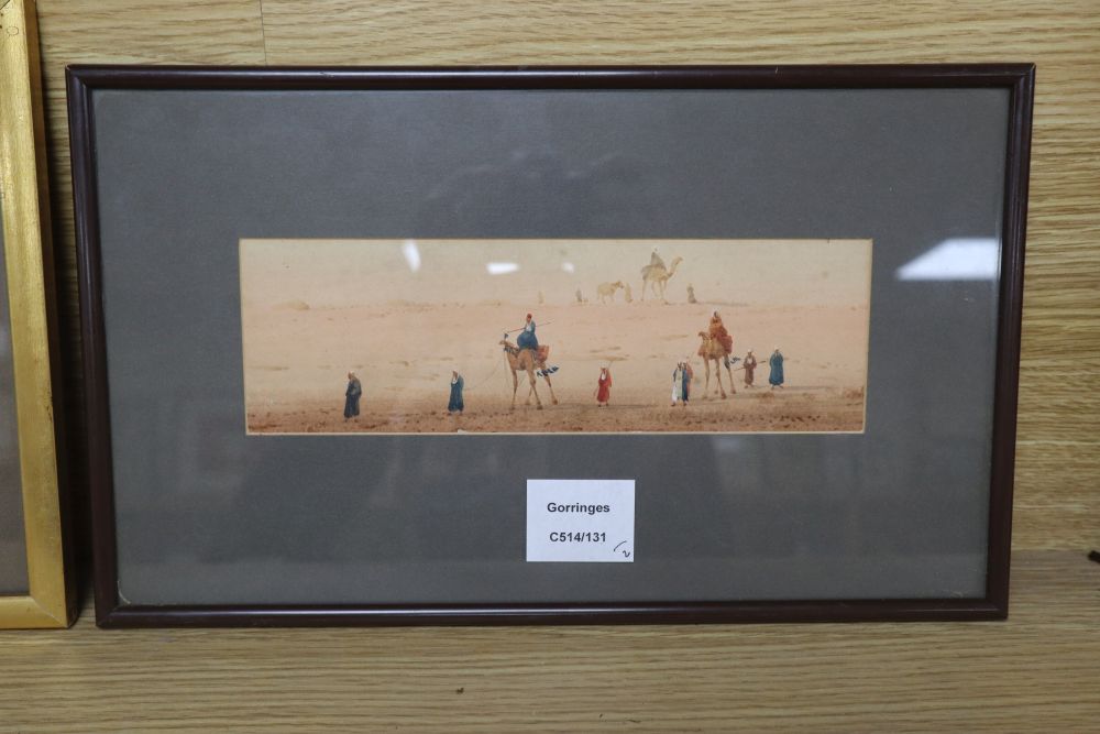 Augustus Lamplough, watercolour, Desert landscape, 7 x 23cm, and a coloured lithograph of Caves in a desert landscape